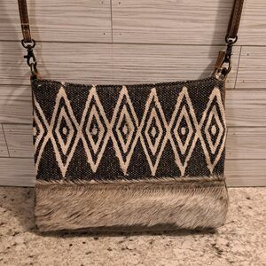 Myra Bag 🐮Black & Cream Geometric Crossbody Bag with Fur Trim